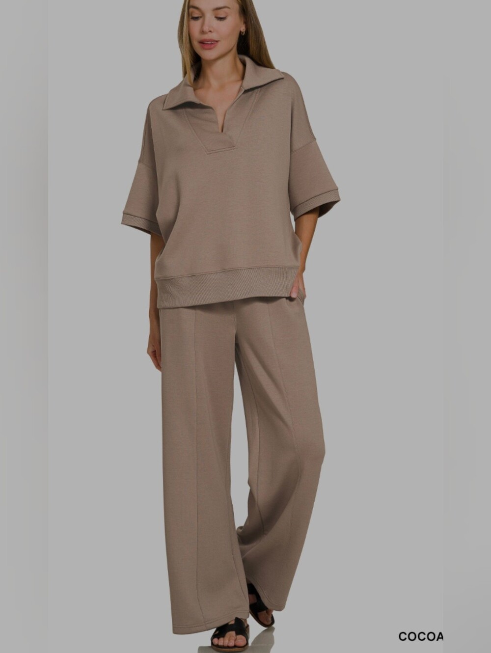 Zenana Collared Pant Set-Cocoa